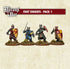 Four painted metal miniature figures representing foot knights, each with different armor designs and holding shields, from the Barons War game set.