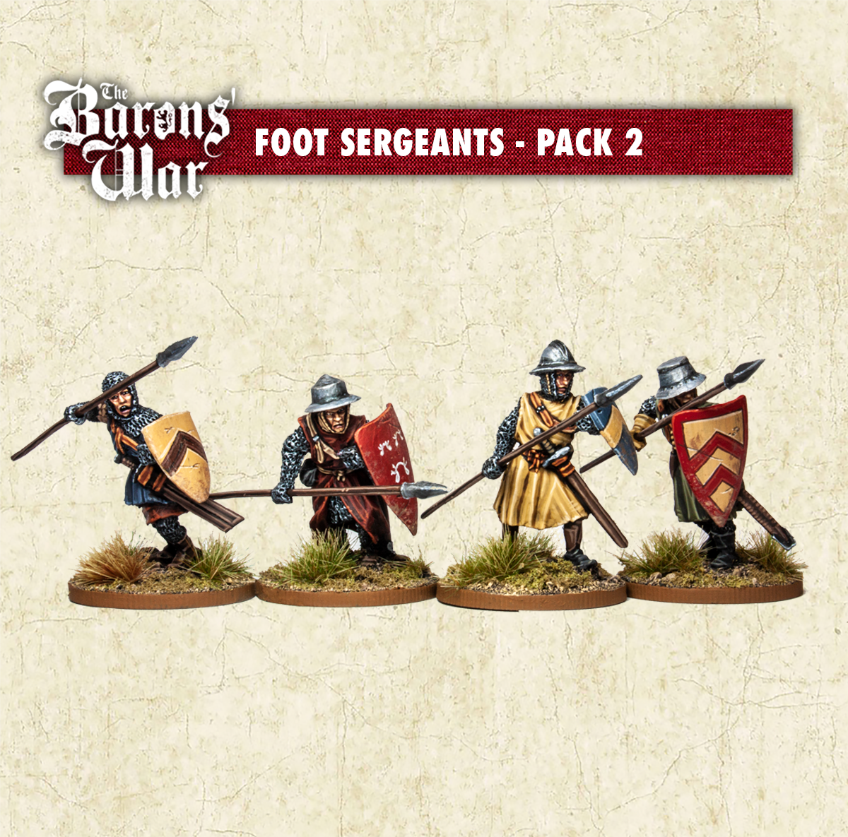 Four painted metal miniatures representing foot sergeants with shields and spears, from the Barons War Foot Sergeants - Pack 2.
