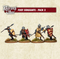 Four painted metal miniatures representing foot sergeants with shields and spears, from the Barons War Foot Sergeants - Pack 2.
