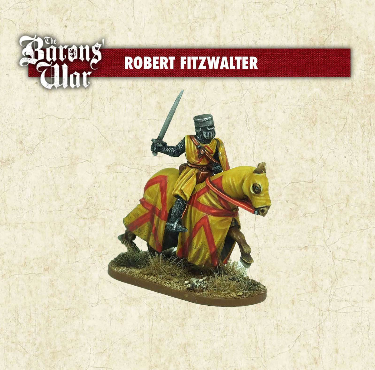 A miniature figure of Robert Fitzwalter mounted on a horse, with a sword in hand, wearing armor and a yellow and red robe. The figure is on a pill-shaped base, indicating it is a historical model from the Barons War series.